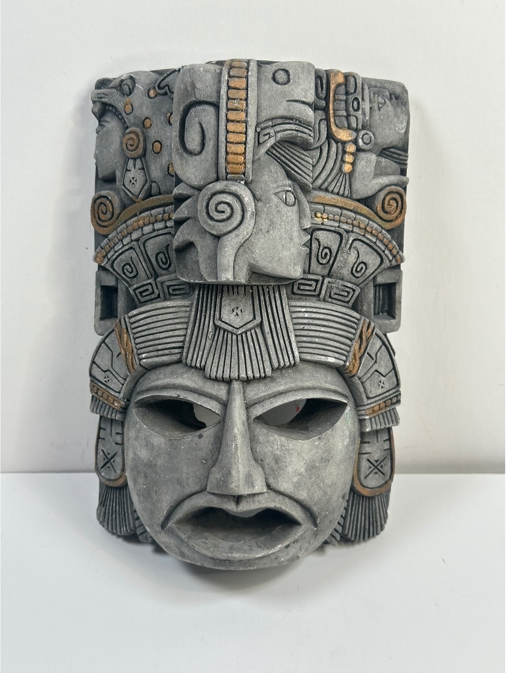Aztec Mayan Ceramic Mask Tribal Art Grey Gold Wall Decor Folk 8x5x3